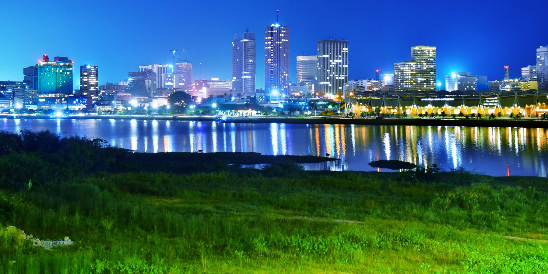 Night skyline of the Plateau business district in Abidjan, Côte d'Ivoire
